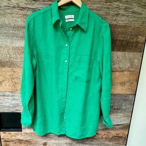 Vibrant Green  Linen Button-Down Shirt for Women